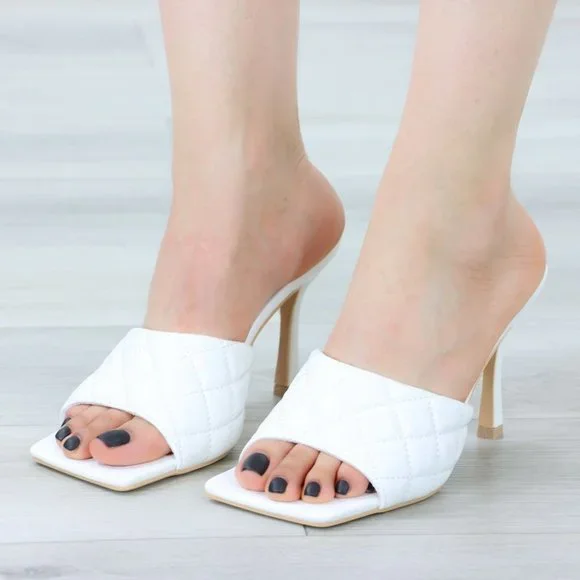 White Heeled Quilted Pattern Mule Open Squared Toe High Heel Sandal - Picture 2 of 14